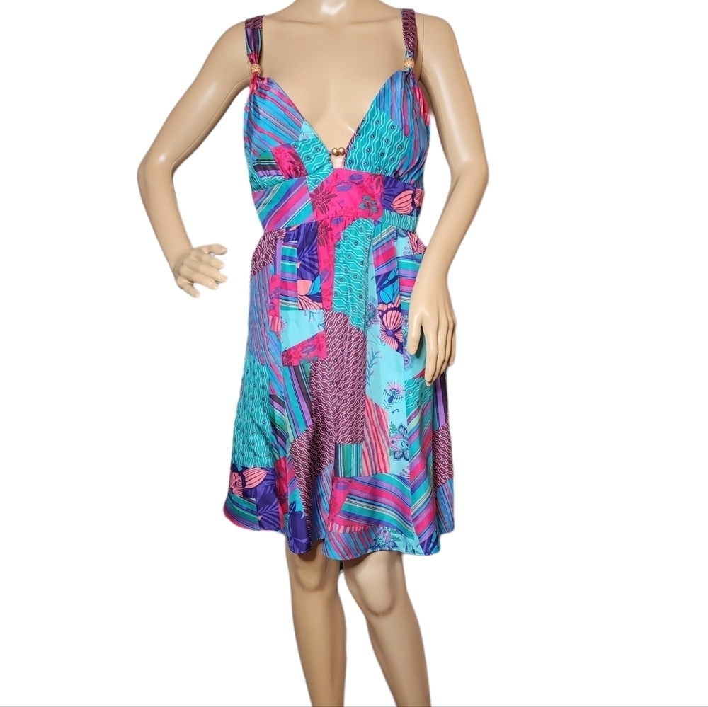 NWT 100% Silk Dress Y2K 90s Pink Blue Patchwork Sleeveless Mini Size 11 Guess